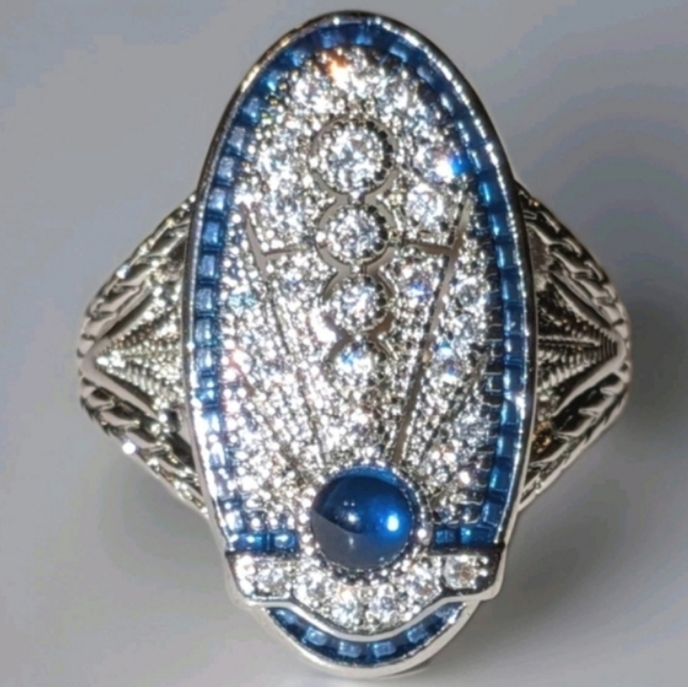 Art Deco Style Lab Created diamond Sapphire Wedding 14k White Gold Plated Sz 10 - Picture 9 of 15